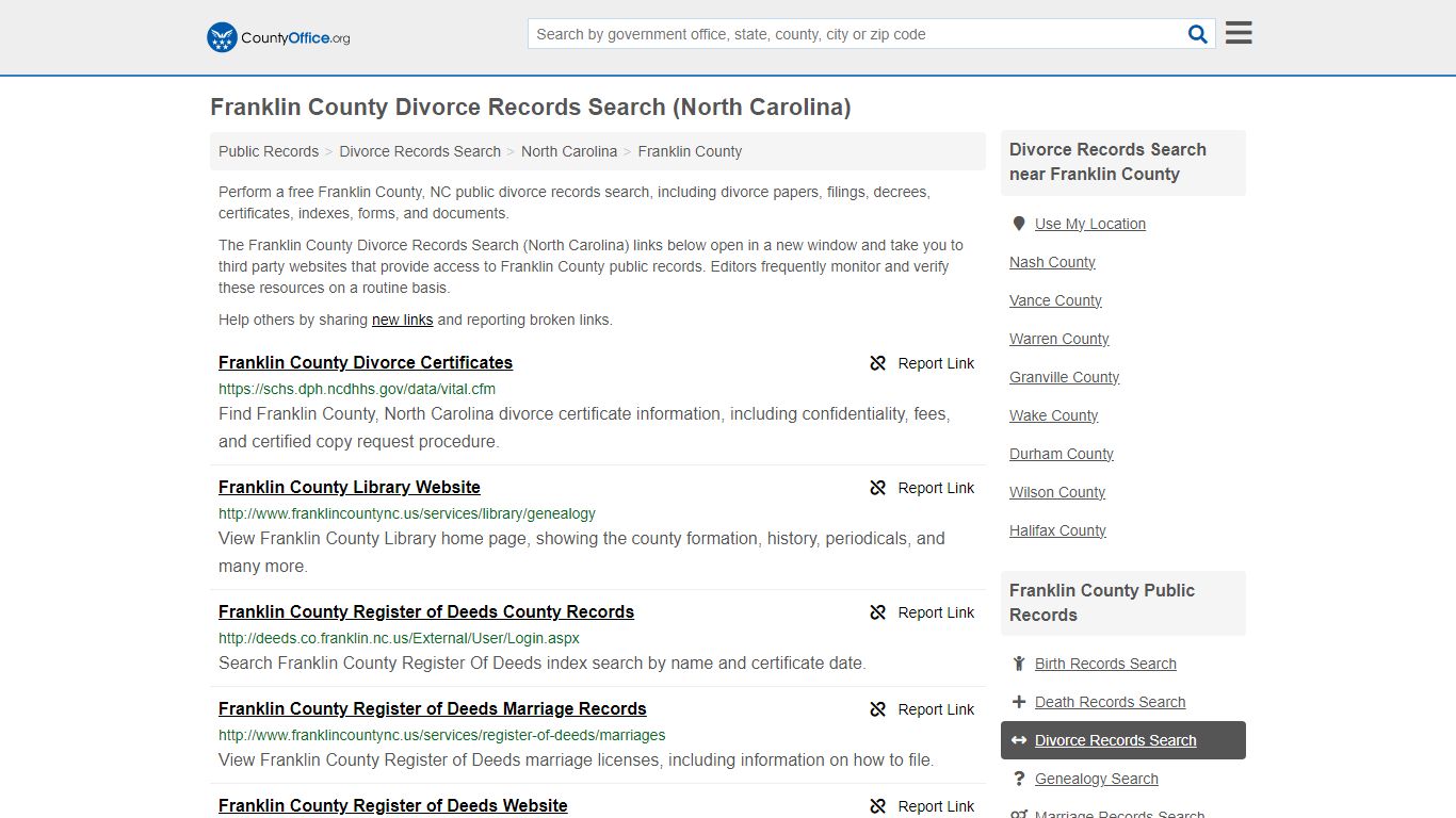 Franklin County Divorce Records Search (North Carolina) - County Office